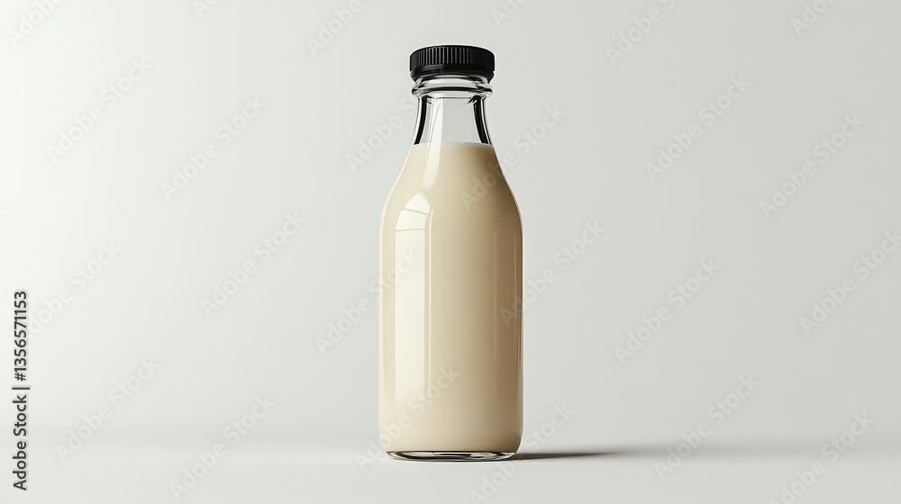 A front view of a reusable glass milk bottle with a simple label on a clear white background A front view of a reusable glass milk bottle with a simple label on a clear white background