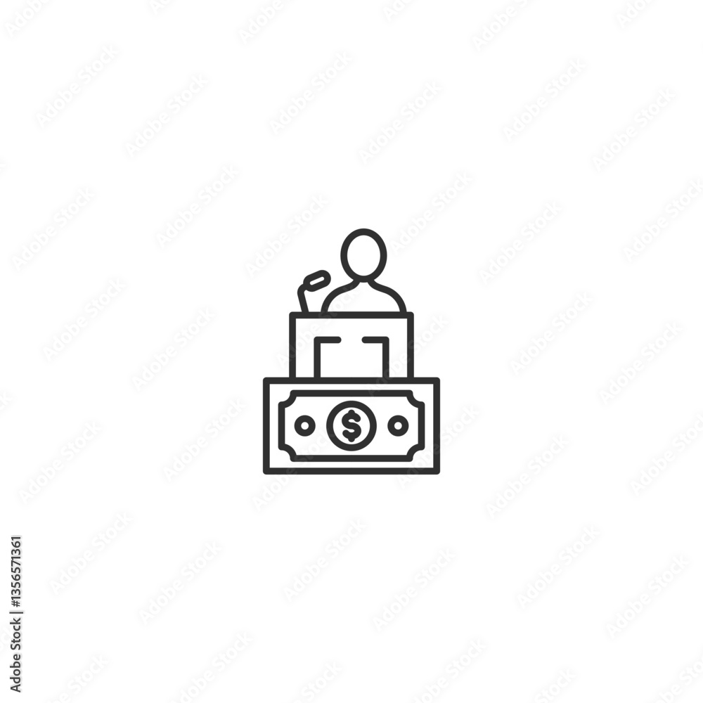 Linear icon of person speaking at podium with dollar symbol. Linear icon of person speaking at podium with dollar symbol.