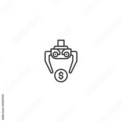 Robotic arm grabbing dollar coin icon for automation and finance concepts.