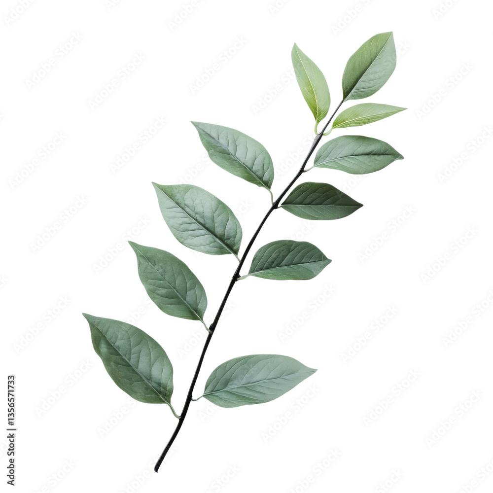 Naklejka premium Green leaves on a slender branch showcasing natural beauty in a minimalistic style on transparent background