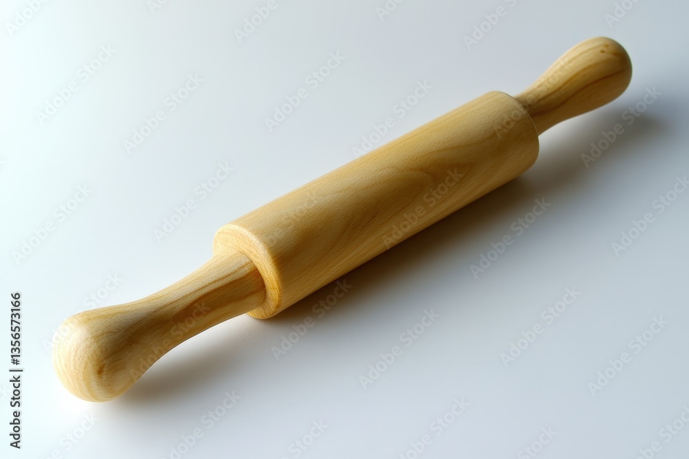 A wooden rolling pin rests on a bright white surface A wooden rolling pin rests on a bright white surface