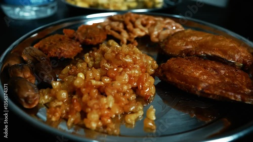 Indian Thali with Traditional Sweets and Snacks, A close-up of an Indian thali with traditional sweets and snacks, including jalebi, pakoras