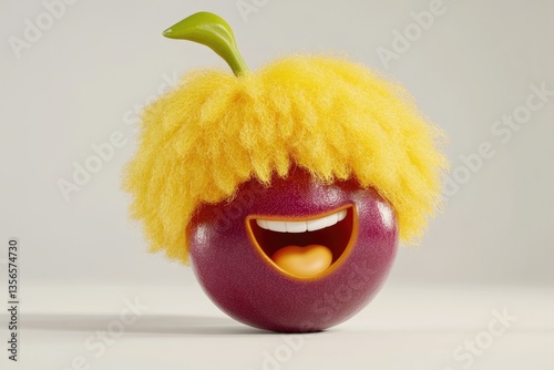 A cheerful passion fruit with yellow hair, playfully smiling and showing its tongue.