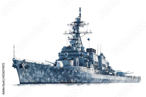 A massive naval battleship moving through the open sea.