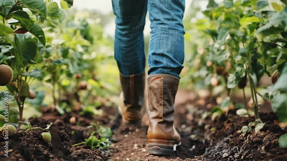 Low-angle video shot of a person walking through a lush garden, focusing on boots and soil, capturing a rustic and earthy atmosphere. Low-angle video shot of a person walking through a lush garden, focusing on boots and soil, capturing a rustic and earthy atmosphere.