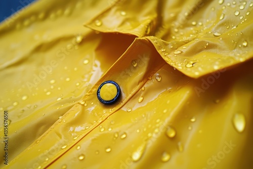 A close up view of a yellow raincoat with water droplets