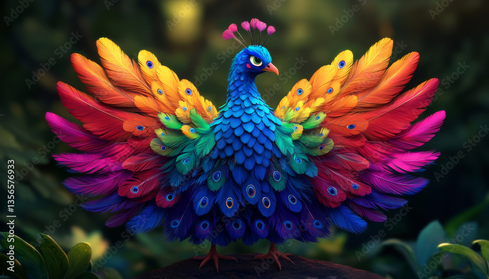 Obraz premium vibrant and colorful peacock displays its magnificent feathers lush, green environment, showcasing stunning array of colors and intricate patterns