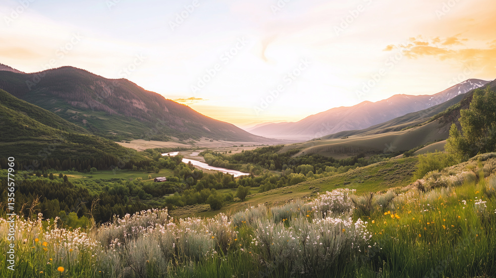 A breathtaking view of a valley surrounded by mountains, with a river running through lush meadows and blooming flowers.
