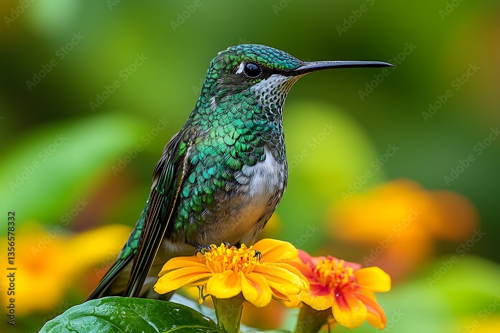Naklejka premium Emerald Hummingbird Resting on Vibrant Orange Zinnia Flowers, Natural Wildlife