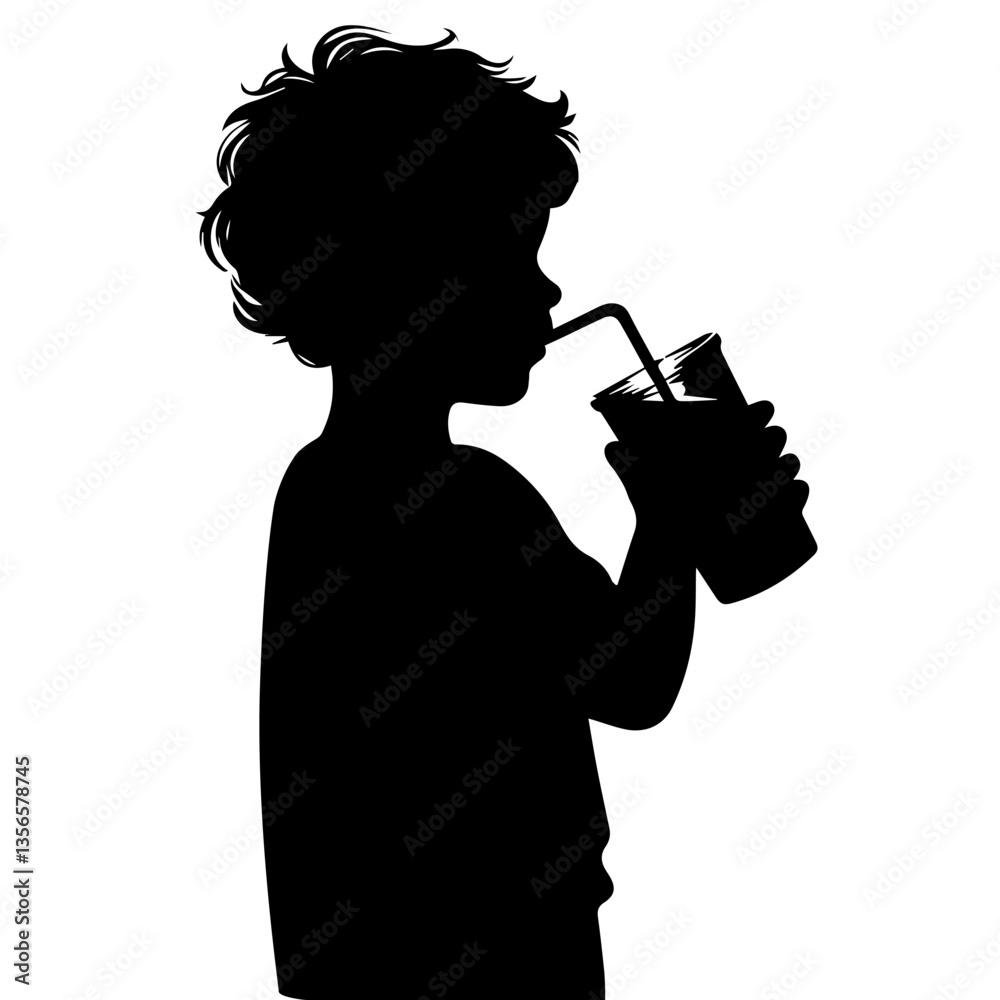 A black and white silhouette of a child drinking a milkshake. Vector graphics. EPS. A black and white silhouette of a child drinking a milkshake. Vector graphics. EPS.