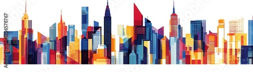 Colorful city skyline illustration on a white isolated background.