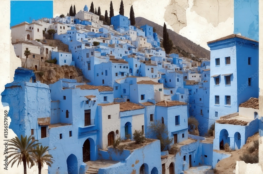 Fototapeta premium Historic blue village nestled in hills surrounded by palm trees and traditional architecture during daylight