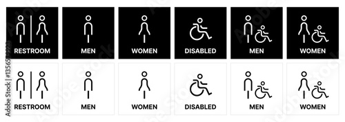 Restroom icon set. male and female toilet symbols. disabled icon. gender icon. restroom pictogram. WC signage on black and white SVG vector.	