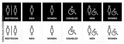 Restroom icon set. male and female toilet symbols. disabled icon. gender icon. restroom pictogram. WC signage on black and white SVG vector.	