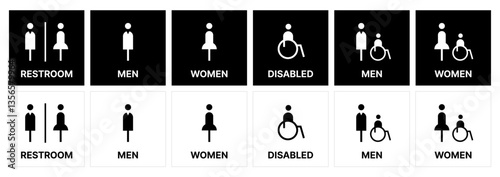 Restroom icon set. male and female toilet symbols. disabled icon. gender icon. restroom pictogram. WC signage on black and white SVG vector.	