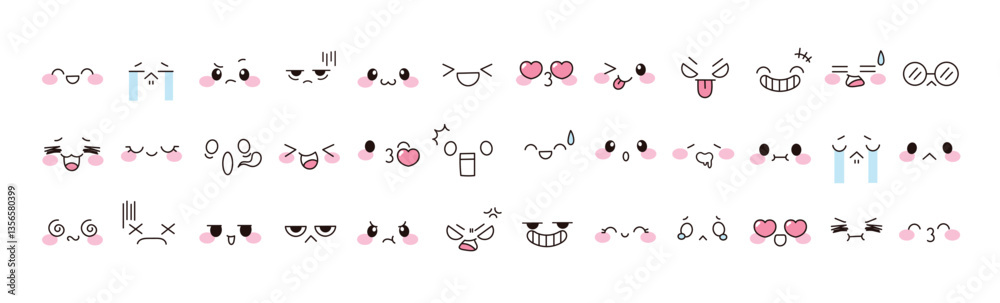 Naklejka premium Kawaii cute face element vector set. Funny japanese emoticon in different expressions, big eyed, mouth, eyebrows. Cartoon character and face illustration. Design for decoration, sticker, icon, kids.