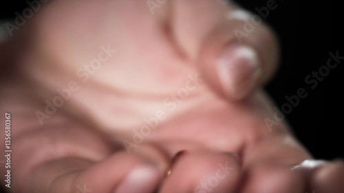 Close-up of a woman's hand with beautiful well-groomed nails holding transparent pills in her open palm