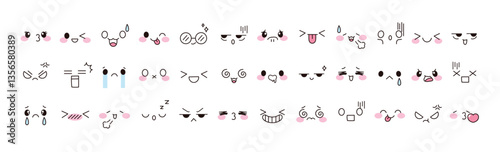 Kawaii cute face element vector set. Funny japanese emoticon in different expressions, big eyed, mouth, eyebrows. Cartoon character and face illustration. Design for decoration, sticker, icon, kids.
