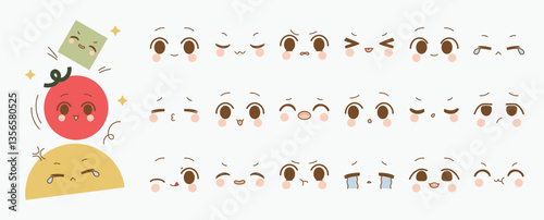 Kawaii cute face element vector set. Funny japanese emoticon in different expressions, big eyed, mouth, eyebrows. Cartoon character and face illustration. Design for decoration, sticker, icon, kids.
