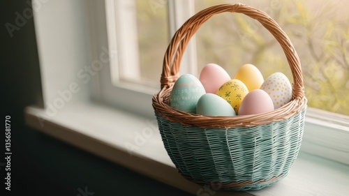 A pastel-colored basket filled with decorated Easter eggs sits on a windowsill, bathed in soft natural light.