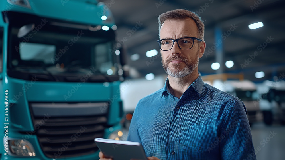 Fototapeta premium A professional fleet manager stands in a truck warehouse, examining logistics on a tablet