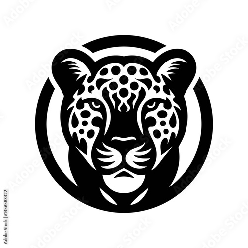 Leopard head logo vector illustration black and white. Wild animal sticker in circle