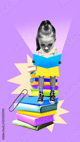 Little girl sitting on colorful book stack, deeply focused on reading. Contemporary art collage. Concept of knowledge, learning journey, early education, school development. Photocopy effect.