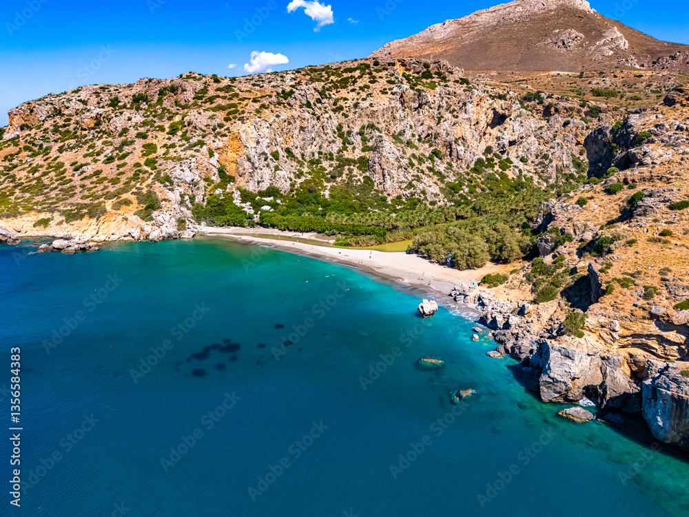 Obraz premium Aerial view of Preveli Beach, Crete, Greece