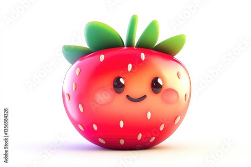 A cute, cartoonish 3D rendering of a happy strawberry.
