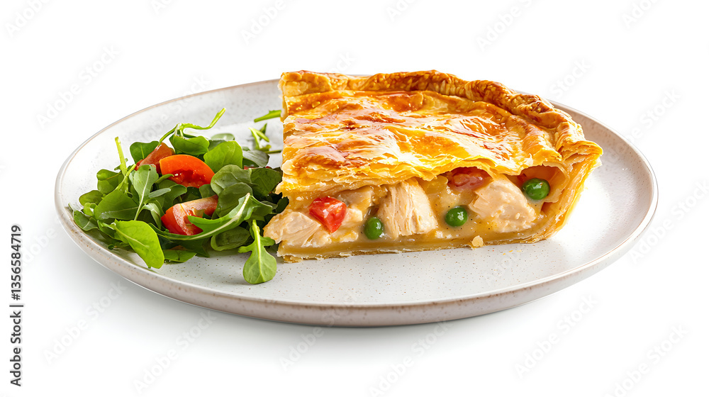 Creamy Chicken Pot Pie Slice with Vegetables Served on a Plate Alongside Fresh Salad Greens Creamy Chicken Pot Pie Slice with Vegetables Served on a Plate Alongside Fresh Salad Greens