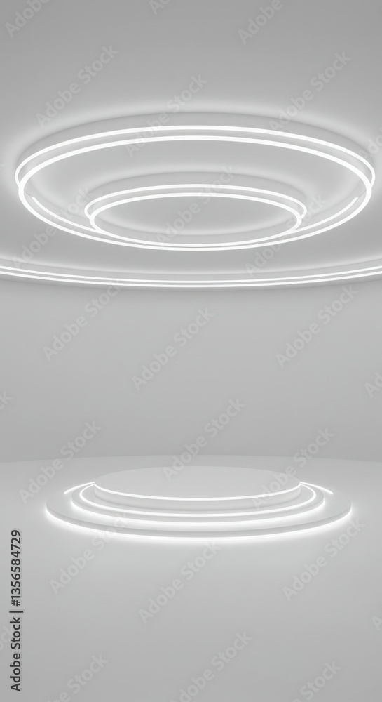 Obraz premium A futuristic white circular stage with glowing rings, set in a minimalistic and modern space 05