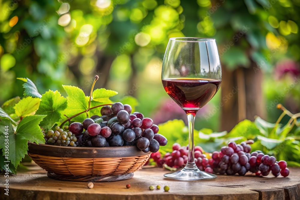 Elegant dinner setting featuring a glass of rich red wine surrounded by lush greenery and scattered sparkling purple grapes