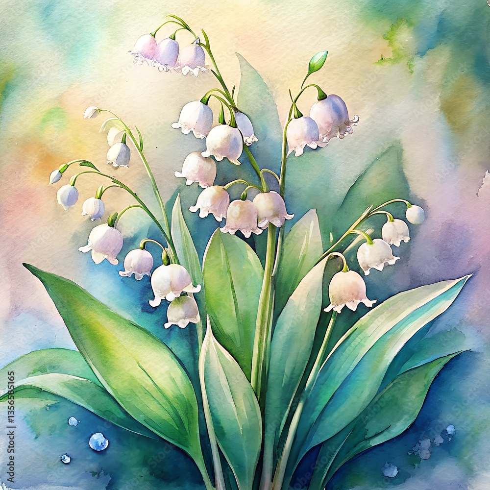 Beautiful lily of the valley watercolor painting