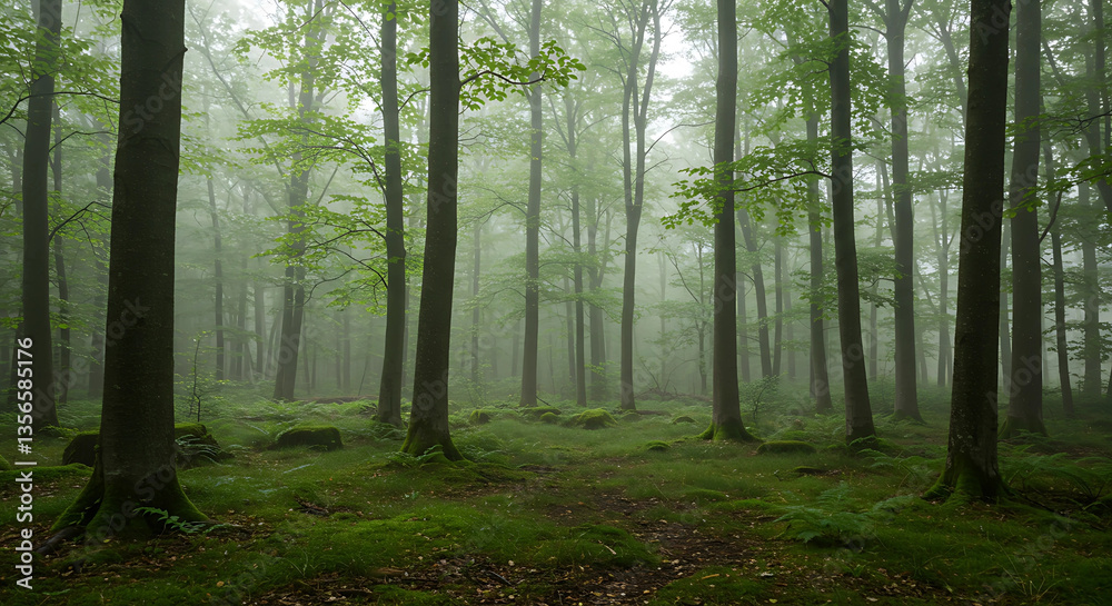 Obraz premium A foggy forest with tall trees and green ground cover