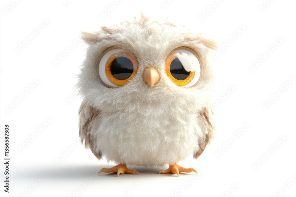 Naklejka premium Adorable fluffy baby owl with big, expressive eyes, standing against a white background.
