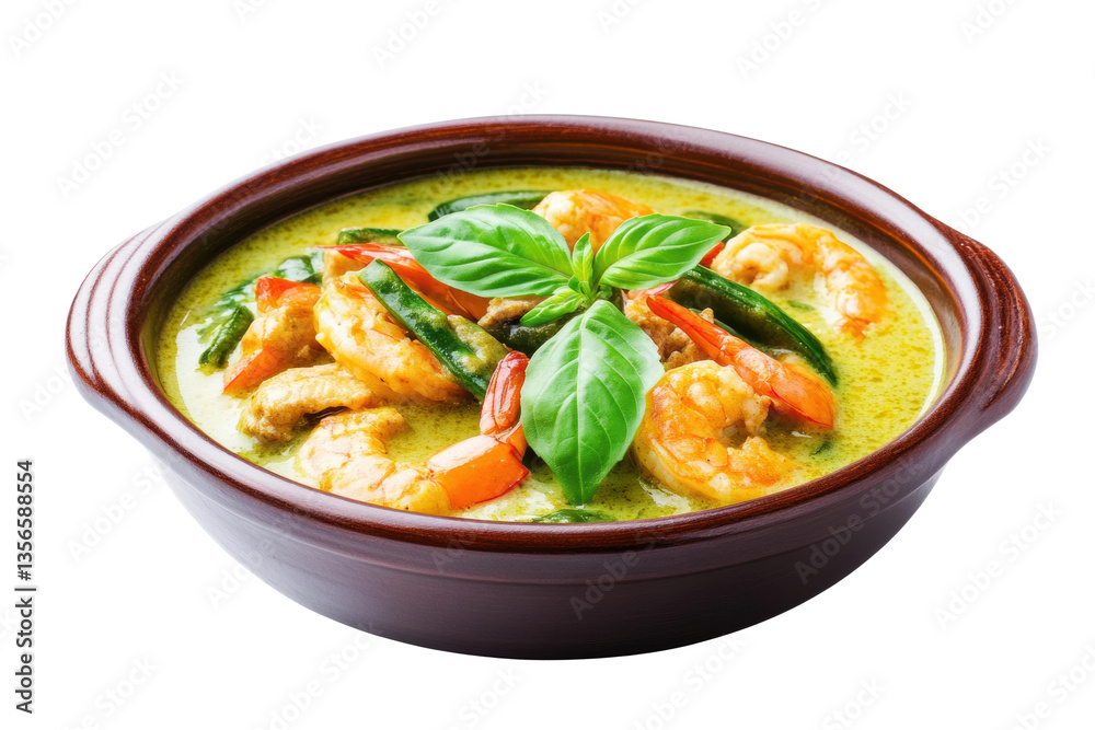 Thai green curry with shrimp in brown bowl garnished with basil leaves, cut out