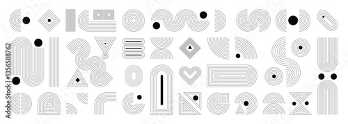 Hand drawn abstract minimal element mid century vector set. Aesthetic contemporary stripe line art, geometric shape in monochrome. Art form design for wall art, decoration, wallpaper.