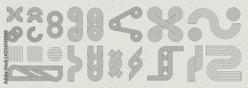 Hand drawn abstract minimal element mid century vector set. Aesthetic contemporary stripe line art, geometric shape in monochrome. Art form design for wall art, decoration, wallpaper.