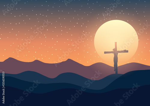Good Friday background with Jesus on a cross against a sunset sky background 