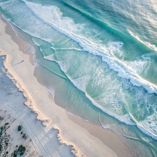 Mesmerizing Drone Shot of Deep Blue Ocean Wave Crashing Gently on a Calm and Peaceful Shore

