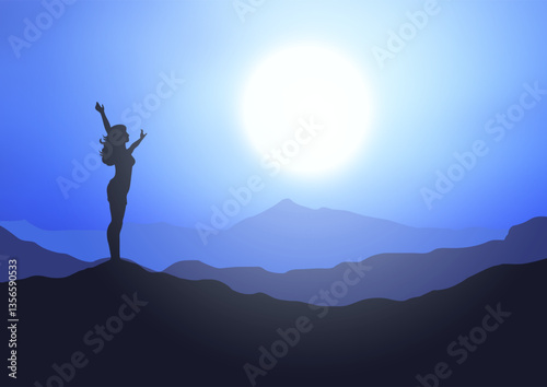 Silhouette of a female stood on a hill with her arms raised against a moonlit sky 
