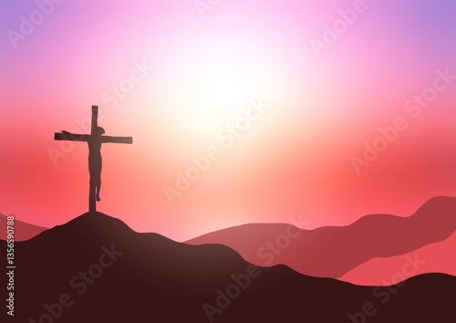 Silhouette of Jesus on a cross in a sunset landscape good friday background