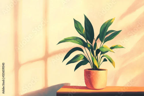 There is a small potted plant sitting on a table