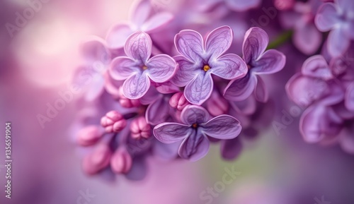 Close-up of delicate, vibrant lilac blossoms. Soft focus highlights clusters of petals, showcasing delicate shades of lavender and rosy pink