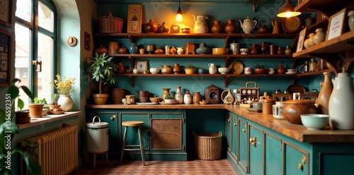 Cozy corner shop interior filled with retro knick-knacks and shelves of artisanal goods, local, unique, boutique