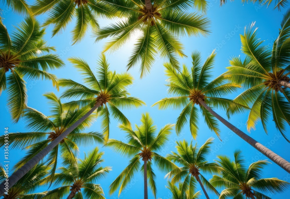Obraz premium Sunlight streams through tropical palm trees reaching towards the clear blue sky in a vibrant low angle view
