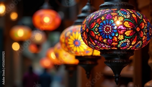 Colorful handcrafted Moroccan lamps swaying in a bustling market, decor, bright, festival