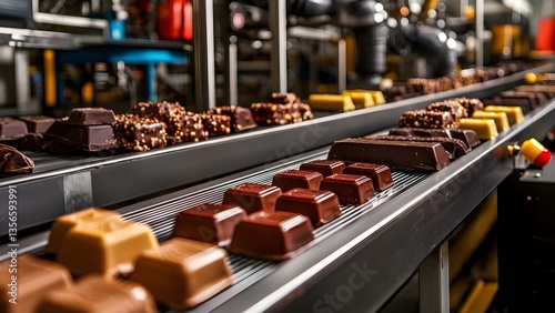 A conveyor belt in a factory displaying various types of chocolate bars in different colors and styles. Concept Conveyor Belt Display, Chocolate Bar Variety, Colorful Packaging