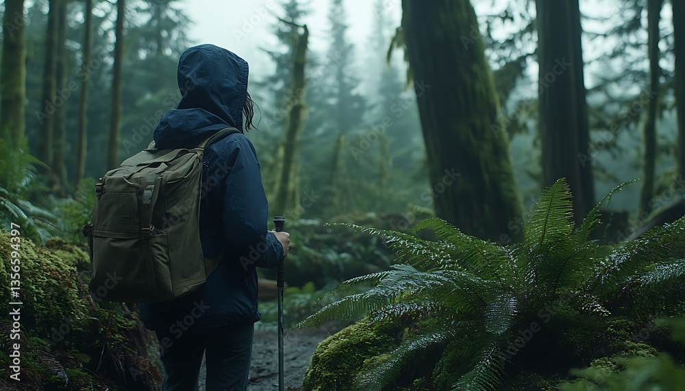 Naklejka premium Hiker in Misty Rainforest Path.