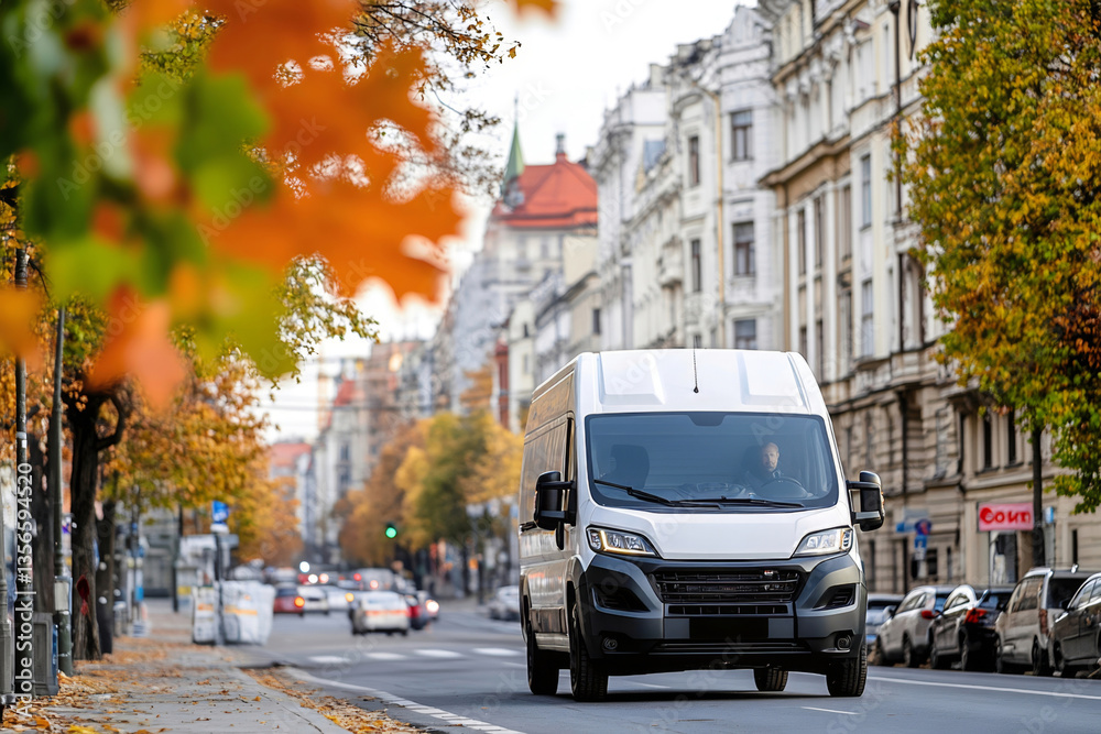 Fototapeta premium White delivery van driving through a European city street in autumn